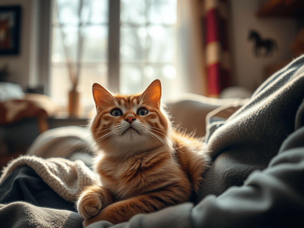 Eine Katze auf einer Decke in einem gemütlichem Wohnzimmer (KI generiertes Bild)