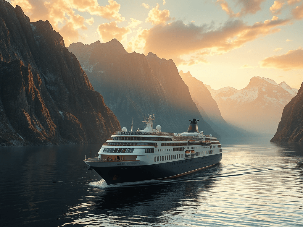Kreuzfahrtschiff in einem Fjord bei tiefstehender Sonne hinter den Bergen (KI generiertes Bild)