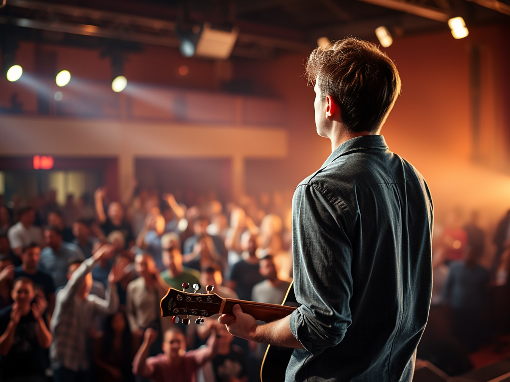 Junger Mann mit Gitarre vor Publikum (KI generiertes Bild)