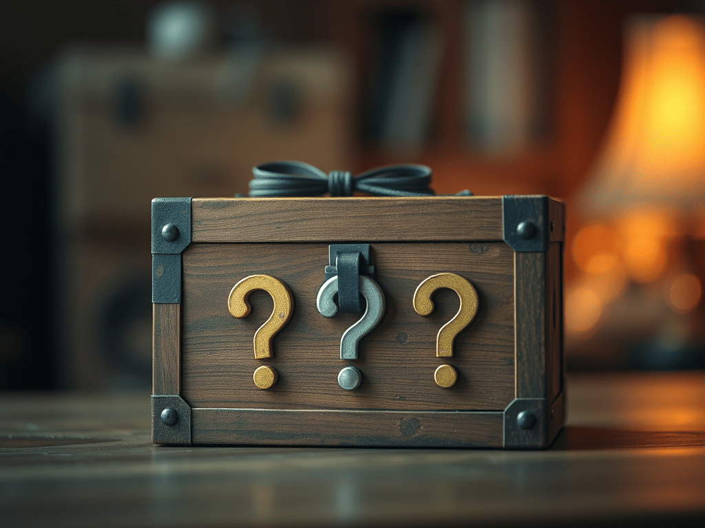 Geheimnisvolle Box mit Fragezeichen (KI generiertes Bild)